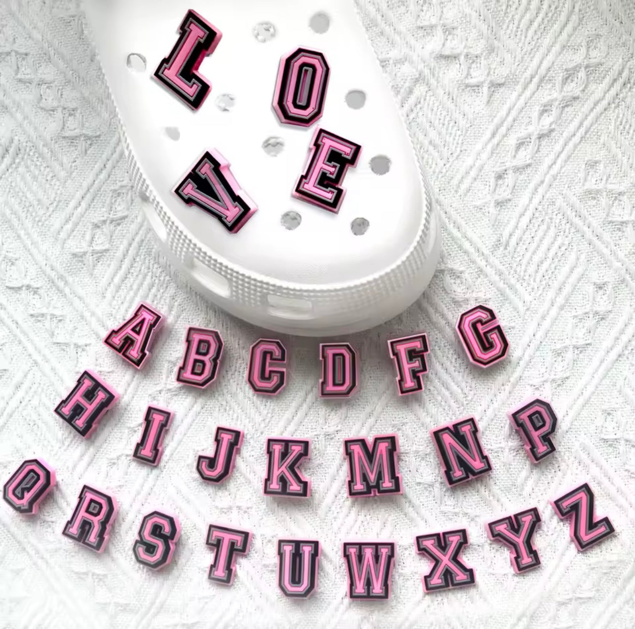 Pink Alphabet Letter Shoe Charms - 26 Different Designs - Snappiez Shoe Charms - Thousands Of Designs For Croc Shoes